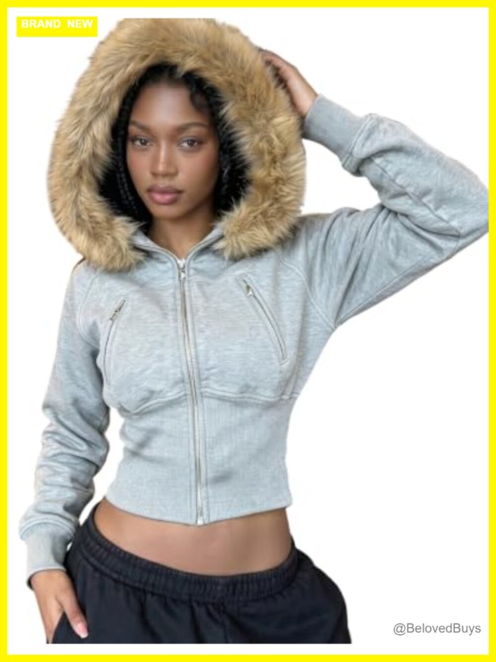 Cropped Zip Up Hoodie Faux Fur Hood Y2K Vintage Streetwear